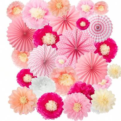 一套包含21个粉色系列折纸花球，花扇装饰套装，可用于房间装饰、悬挂式绒球、天花板装饰、婴儿派对、生日派对、卧室、花园装饰，风格可爱。