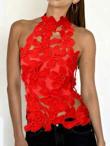 Womens Halter Neck 3D Floral Appliqué Top Featuring A Chic High Neck Design To Sculpt A Flattering Silhouette Perfect For Summer Music Festivals Night Out Clubwear Parties And Fashionable Social Vacation Outings - Đỏ - Xem 3