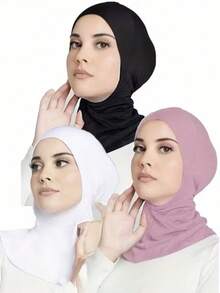 3件套女士时尚纯色组合套装，弹性无缝头巾帽围巾，适合日常穿着的阿巴雅长袍 - 彩色 - 查看 2