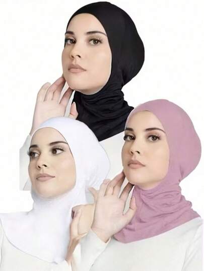 3件套女士时尚纯色组合套装，弹性无缝头巾帽围巾，适合日常穿着的阿巴雅长袍