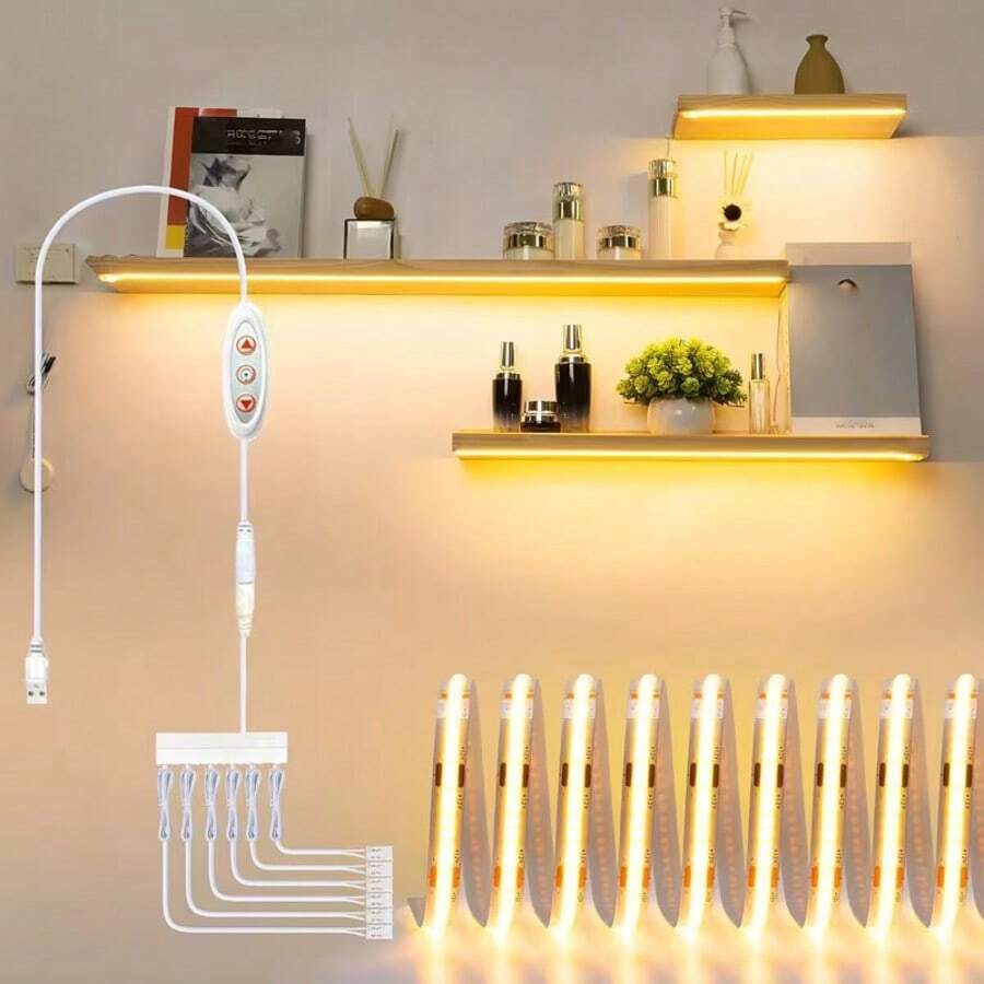 1/3/6pcs COB LED Light Strip, USB Wired Control With Adjustable Brightness, Warm White Light, Display Cabinet LED Light Strip, With Button Control Cabinet Light Back Adhesive That Can Be Cut, Suitable For Shoe Cabinets, Wardrobes, And Display Cabinets, Bedrooms, Ceilings, Stairs, Corridors, Decorative Lighting