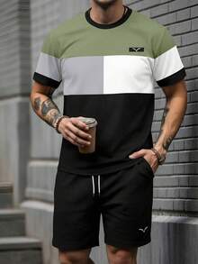 Bộ áo thun tay ngắn cổ tròn in họa tiết chim hải âu tương phản và quần short cho nam - màu xanh lá - Xem 2