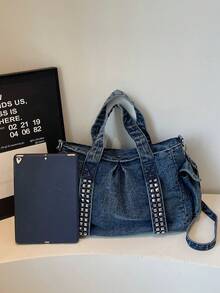 新款时尚铆钉大容量水洗帆布手提包，女士休闲通勤手提单肩斜挎包 - 深色水洗藍 - 查看 8