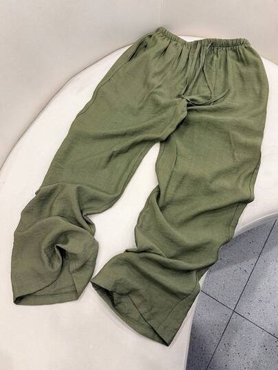 Women's Loose Fit Drawstring Waist Wide Leg Pants, Lightweight Breathable Casual Trousers, Military Green, Summer Spring