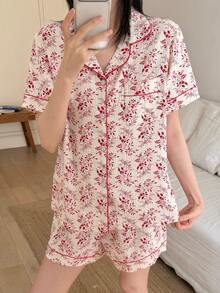 Pure Slumber 2pcs Ditsy Floral Women Pajama Set, Collared Textured Fabric Suit - Red - View 4