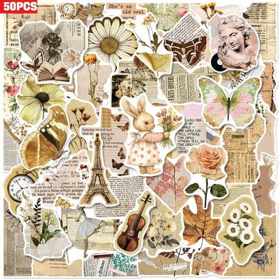 50pcs Vintage Distressed Book Page Doodle Series Stickers, Suitable For Scrapbooking, Diaries, Notebooks, Water Bottles, Cars Etc. Faith-Based Design With Positive Messages, Great Gift