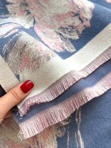 1pc Elegant Floral Jacquard Faux Cashmere Warm Scarf For Women, Versatile Neck Wrap Shawl For Air-Conditioned Room, Autumn/Winter, Fashion Accessory And Gift - Blue - View 4