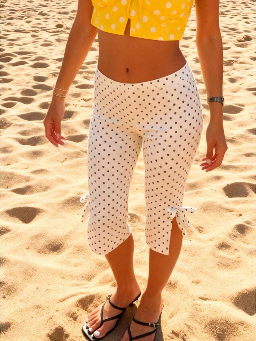 Women Dot Print Capri Pants With Bows Mid Rise Side Split Long Shorts Tights Casual Work Leggings For Outdoor Office - 白色 - 查看 1