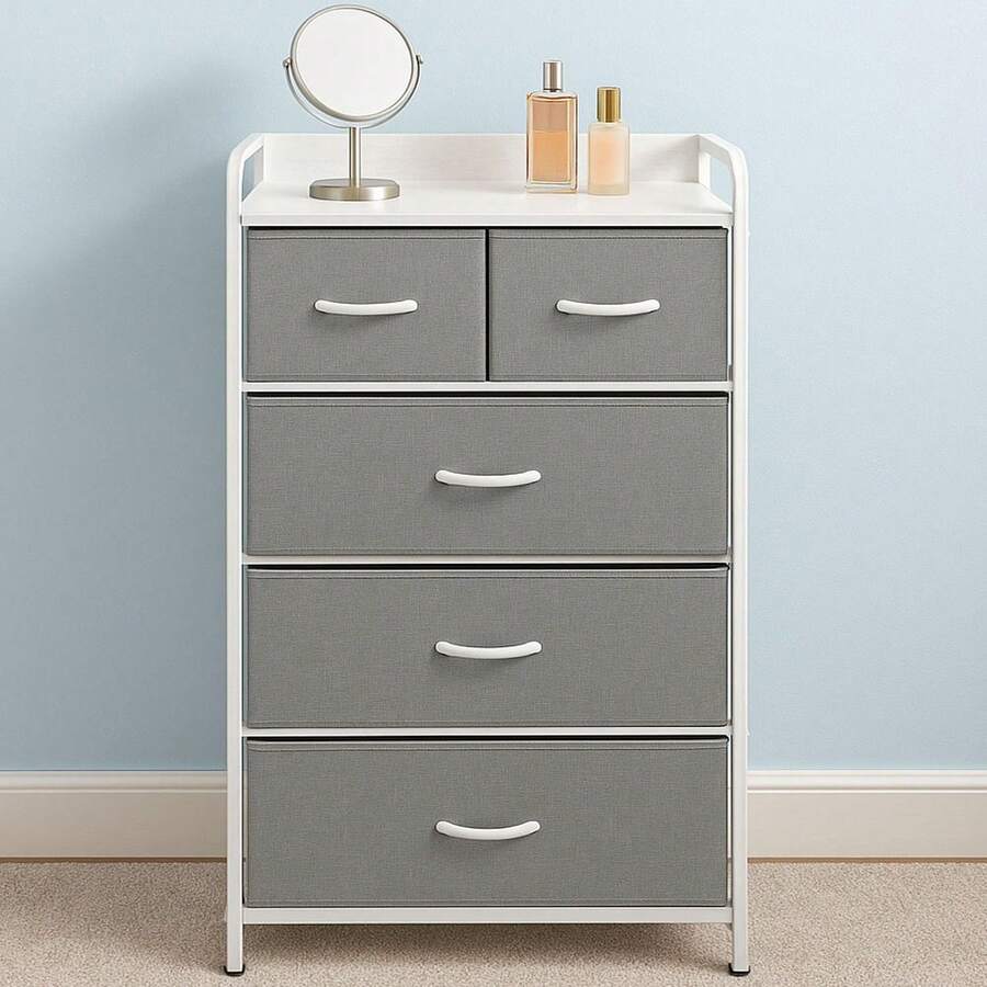 RACK & PACK Comoda Cajonera Estructural con 5 Cajones de Tela para Ropa Soporta hasta 70 Kg Almacenamiento Hogar y Oficina Buro de Torre 4 Niveles Mueble para Recamara Closet Organizador Color Gris - 1 - Ver 1