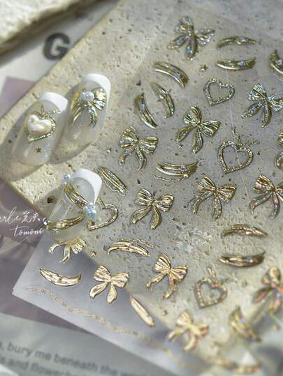 1件/套防水美甲贴纸，金色美甲贴纸，闪亮丝绸蝴蝶结美甲贴纸，5D立体浮雕自粘美甲饰品，女士及女孩美甲DIY装饰