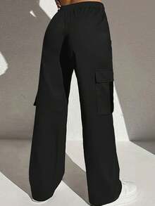 女士高腰宽松工装裤，带大口袋，光滑耐穿的休闲裤，黑色 - 黑色 - 查看 4