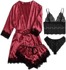 Women's Sexy Satin Lace Lingerie Set – Wine Red Nightwear With Robe , Bralette, Shorts & Panty For Romantic Atmosphere - 中紫紅色 - 查看 2