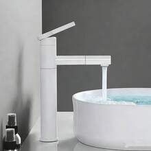 新款双旋转抽拉式白色浴室水槽龙头，冷热水混合龙头，适用于盥洗台、厨房，通用型 - 白色 - 查看 5