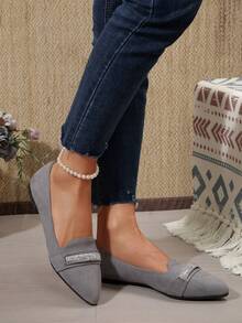 Women's Rhinestone Embellished Pointed Toe Loafer Flats - Comfort Slip-On Casual Shoes, Multi-Color Stylish Office Commute Daily Footwear For Ladies - Light Grey - View 6