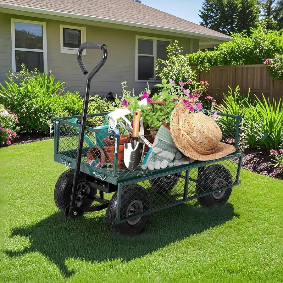 Carro de jardín, vagón de carga convertible con ruedas neumáticas de 10" y asa 2-en-1 para trabajo en el patio, 440 libras, acero resistente - Verde - Ver 1