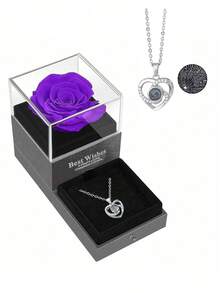 1 Set Artificial Rose Gift Box & Necklace Set, "I Love You" Necklace In 100 Languages & Preserved Rose Flower Gift, Suitable For Mother's Day, Valentine's Day, Anniversary, Birthday, Gift For Women, Mothers, Wives, Girlfriends