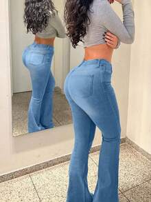Jeans acampanados de estilo callejero Y2K, jeans lavados con bolsillos laterales elásticos, versátiles y cómodos para salidas y fiestas, moda de otoño - Azul - Ver 2