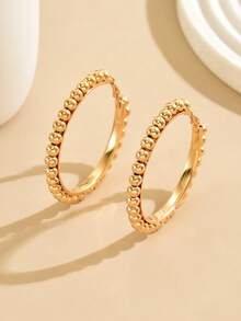 1 Pair Bohemian Style Metal Beaded Hoop Earrings, Geometric Circle Earrings For Women, Elegant Accessory For Holiday, Beach - Gold - View 3