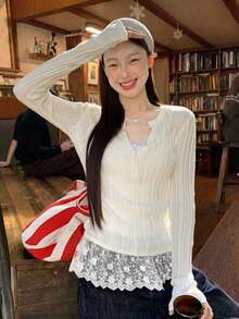 Apricot Lace Patchwork Cute Semi-Sheer Crew Neck Partial Placket Long Sleeve Women Sweater, Autumn/Winter - Apricot - View 2