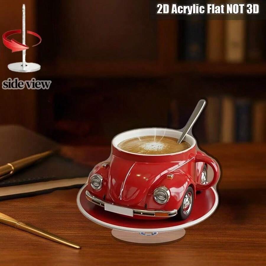 2D平面红色汽车造型咖啡杯，带可旋转亚克力板 - 现代艺术桌面摆件，亚克力材质，室内/室外皆可使用，乔迁新居礼物，送给汽车爱好者，家居办公装饰，话题制造者，室内外装饰，装饰品，时尚摆件，高品质表面处理，手工质感，独特家居饰品，旋转装饰，汽车爱好者，礼品购买者