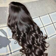 13x6/13x4 高清蕾丝前假发，真人发混纺，自然波浪卷，34英寸 - 200%高密度预拔毛无胶假发，透明蕾丝，女士款，自然色，无需胶水，即戴即用 - 自然色&黑色系 - 查看 4