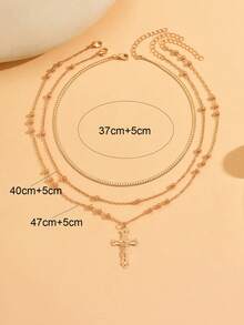 3件套时尚简约手工金链项链套装，百搭金色十字架吊坠项链，适合女性日常佩戴、约会、用餐、旅行和度假。 - 金色 - 查看 4