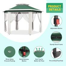 Verde Pabellón Hexagonal de Acero de 2x2x2 m, para Jardín y Exteriores - Verde - Ver 6