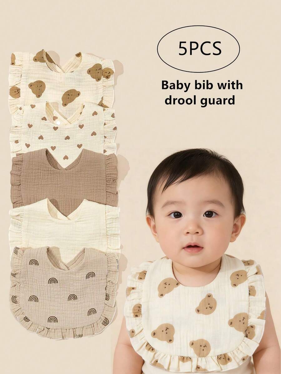 5pcs/Pack Soft & Comfortable Plain Fabric Cute Cartoon Bear Head Ruffled Baby Bibs - Multicolor - View 1