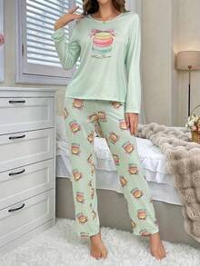 2pcs Mint Green Macaron Comfortable Long Sleeve & Pants Women Pajama Set - Multicolor - View 3