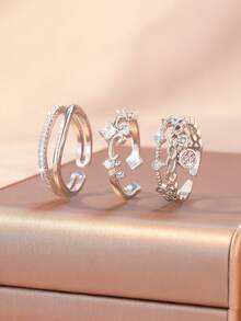 3pcs/Set Fashionable Open Cubic Zirconia Butterfly, Heart, Line Design Ring Set, Geometric Pattern Rings, Suitable For Women's Daily, Festival, Party Wear Or Gift - Silver - View 6