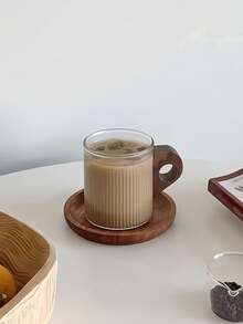 Bộ 1 tách và đĩa thủy tinh tay cầm bằng gỗ sọc dọc kiểu cổ điển, tách và đĩa cà phê kiểu tối giản có quai treo, tách trà chiều sang trọng, tách nước cao cấp dùng trong gia đình, tách sữa ăn sáng, tách uống nước văn phòng. - Nhiều màu - Xem 1