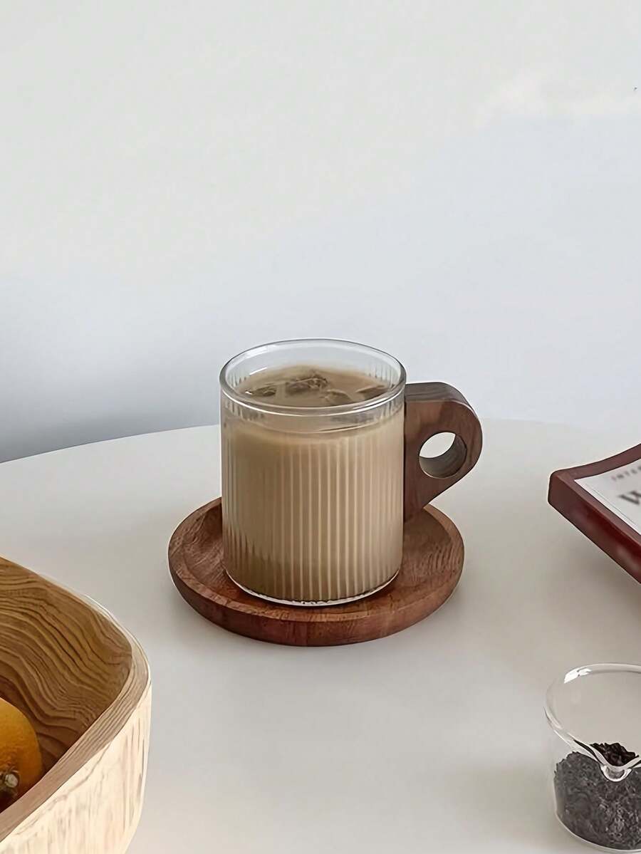 Bộ 1 tách và đĩa thủy tinh tay cầm bằng gỗ sọc dọc kiểu cổ điển, tách và đĩa cà phê kiểu tối giản có quai treo, tách trà chiều sang trọng, tách nước cao cấp dùng trong gia đình, tách sữa ăn sáng, tách uống nước văn phòng. - Nhiều màu - Xem 1