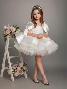 Young Girl White Bow Tulle Elegant Party Dress, Princess Dress Suitable For Girls Birthday Party, Wedding Flower Girl, Prom, Luxury Evening Gown, Easter, Graduation - White - View 6