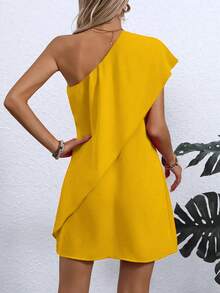 Lightweight Polyester Asymmetric Off-Shoulder Dress - Women's Fitted Style, Casual - Orange - View 3