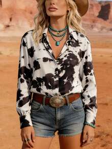 ALL Sseason 女装时尚西部牛仔印花奶牛纹豹纹翻领复古简约衬衫上衣 春季度假 - 彩色 - 查看 5