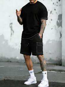 2pcs Men's Casual Loose Suit, Solid Color Short Sleeve T-Shirt & Lightweight Breathable Sports Pants, Suitable For Spring/Summer Outdoor, Commuting, Workout, Streetwear - Black - View 2