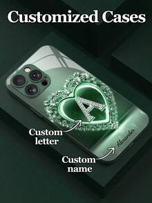 Shockproof Heart Pattern 1pc Customizable 26 Letters & Name Design With Green Rhinestone Heart Pattern Tempered Glass Phone Case, Compatible With IPhone 17 Air/16 ProMax/15 Pro/14 Plus/13 Pro/12 Pro Max/11/Xs Max/8/7/6 Plus, S24 Ultra/S25 Ultra/A12, High-End Business Custom, Best Gift For Boyfriend, Girlfriend And Family, Birthday, Anniversary,International Version, Not The Domestic Version - Green - View 5