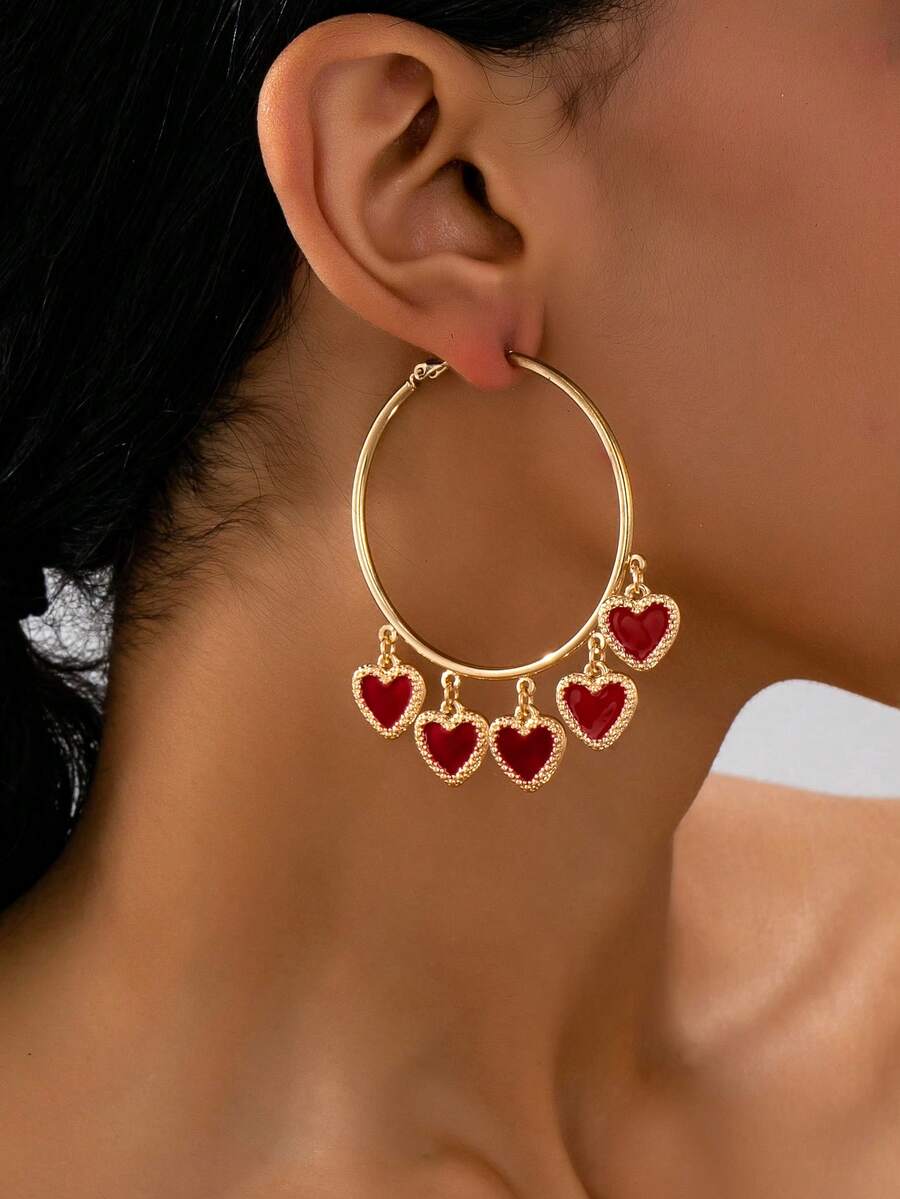 1 Đôi bông tai hình trái tim màu đỏ, trang sức thời trang thanh lịch, quà tặng phù hợp cho phụ nữ, quà tặng ngày Valentine. - Đỏ - Xem 1