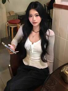 女士抽绳圆领长袖T恤，修身显瘦，秋冬新品 - 白色 - 查看 2