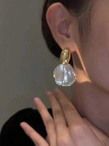 1pair Large Metallic Shell Shaped Women's Earrings Gold Silver Color Geometric Asymmetrical Minimalist Style Vintage Jewelry Party Gift Fashion Accessory LFVV - 銀色 - 查看 2