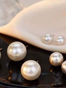 6Pair Elegant & Glossy 6-Pair Imitation Pearl Earrings Set | 6/8/10/12/14/16mm Sizes | Hypoallergenic Stud & Drop Earrings For Women | Perfect For Office, Date, Wedding, Party, Gift Giving | Classic Versatile Pearl Jewelry Collection - 象牙色 - 查看 7