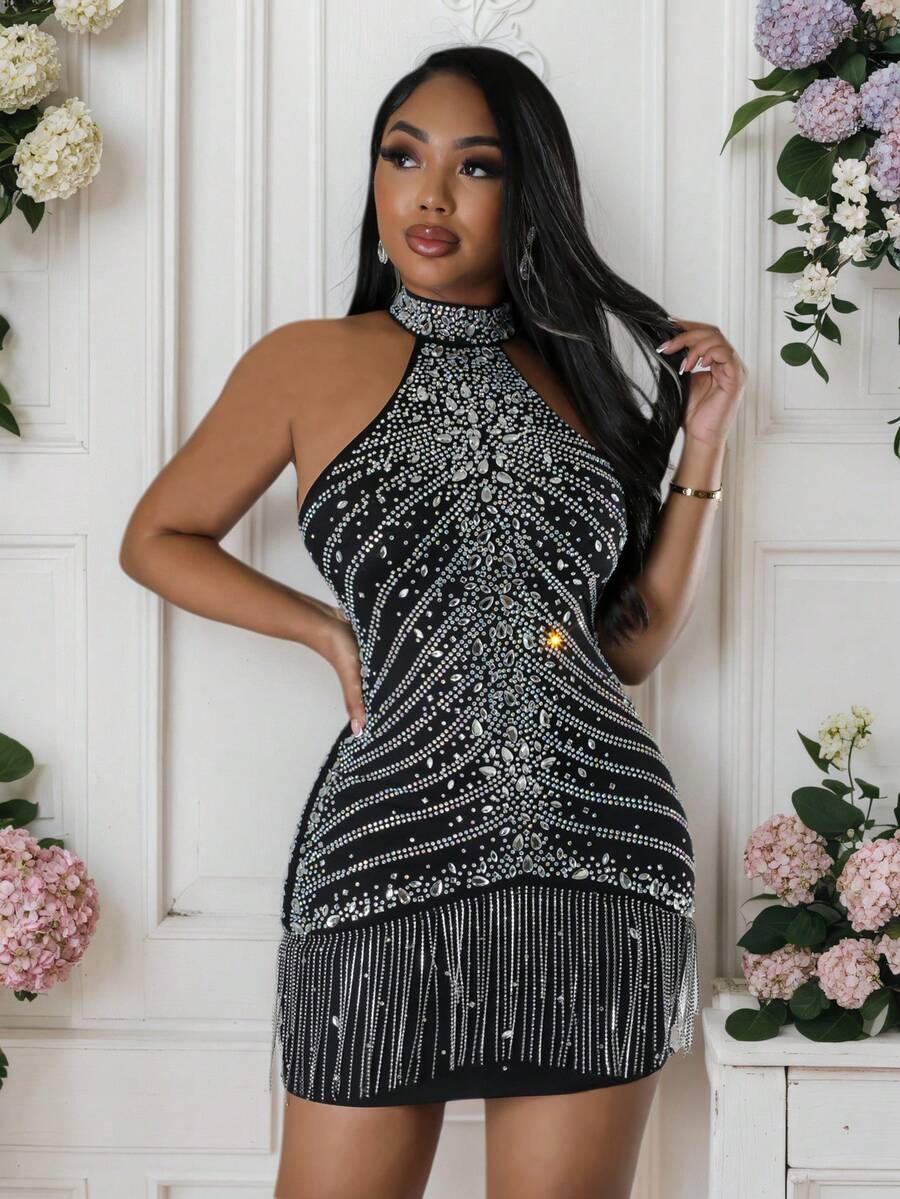 Vestido de cóctel de punto con tirantes finos y espalda descubierta con flecos para mujer, primavera/verano, decorado con gemas brillantes, falda lápiz de alta elasticidad, adecuado para fiestas en discotecas, carnavales, San Valentín y otras ocasiones, también se puede usar como un elegante vestido de fiesta. Estilo elegante, de moda, formal y lujoso. - Negro - Ver 1