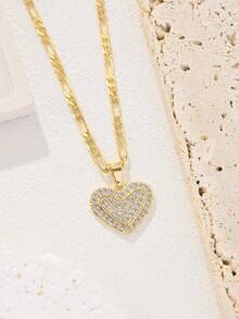 1 pieza Conjunto de collar con colgante de corazón lleno de rhinestones, colgante de corazón romántico, adecuado para mujeres, verano, playa, regalos de Pascua, uso personal - Amarillo Oro - Ver 5