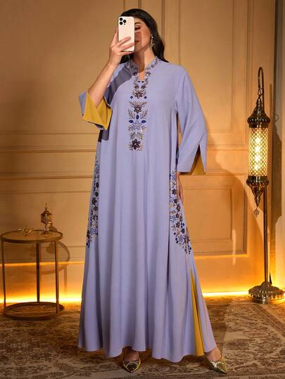 Women's V-Neck Long Sleeve Split-Hem Embroidered Sequin Rhinestone Embellished Elegant Dress