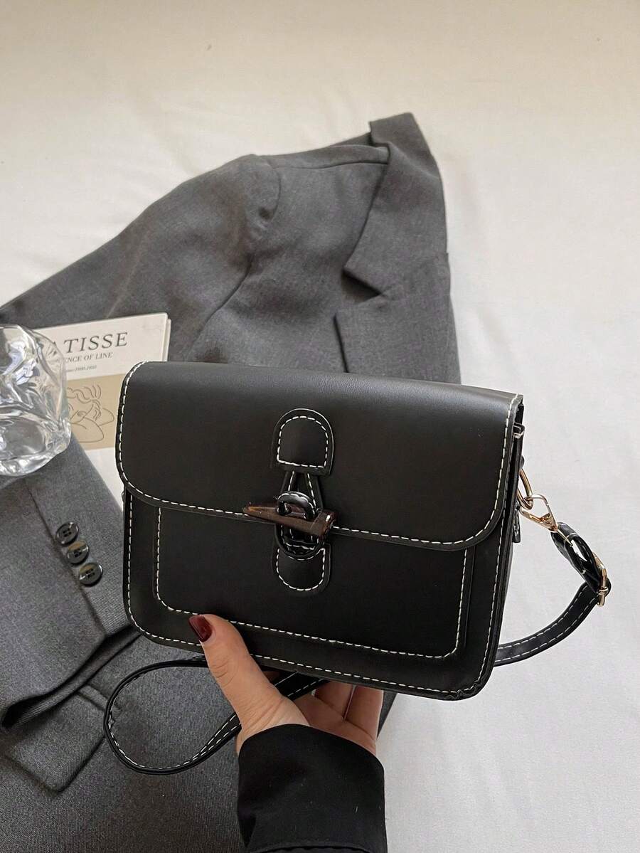 Classic Solid Color Quilted Square Shoulder Bag For Women, Wool Flap Cover, Lipstick Organizer Pouch Retro PU Leather Makeup Bag, Square Wallet With Adjustable Strap, Handbag For Outdoor Use - Black - View 1