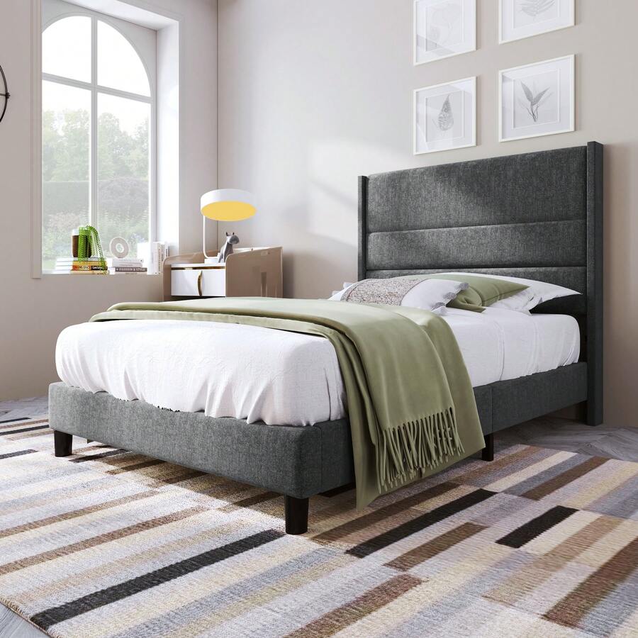 Upholstered Bed 90 X 200 Cm, Frame And Headboard, Double Upholstered Bed, Grey Fabric, Bed For Young People - Dark Grey - View 1