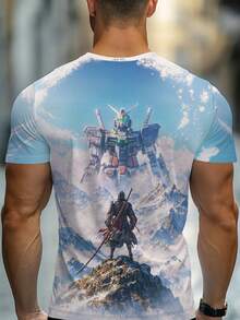 Men' 3D Printed Mecha Warrior & Full-Body Battle Terrain T-Shirt - Lightweight Breathable Polyester Summer Tee With Epic Anime/Manga Art, Casual Outdoor Wear Suitable For Casual Wear Or Outdoor Activities - màu đen - Xem 2