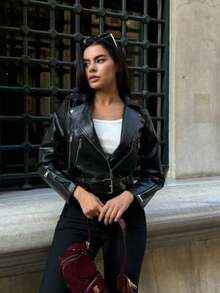 Women's Zipper Leather Jacket, Solid Color Casual Pockets Zipper Front Closure, Daily Wear - Black - View 6