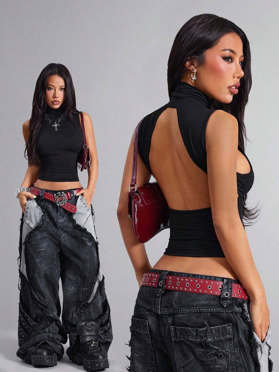 女士时尚性感黑色吊带背心/露背高领马甲/时尚黑色上衣，适合日常通勤/约会/派对/度假/音乐会/情人节穿着，沙滩装，女士外套 - 黑色 - 查看 1