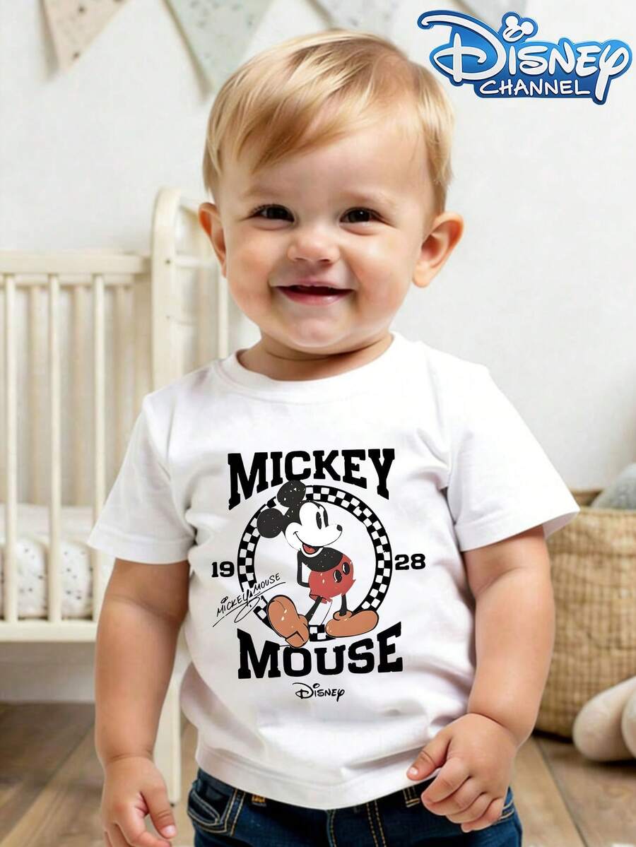 This Disney Mickey Mouse Pattern Casual And Simple Crew Neck Short-Sleeved T-Shirt Is Designed For Both Baby Boys And Girls, Making It An Ideal Choice For Summer Wear. - trắng - Xem 1